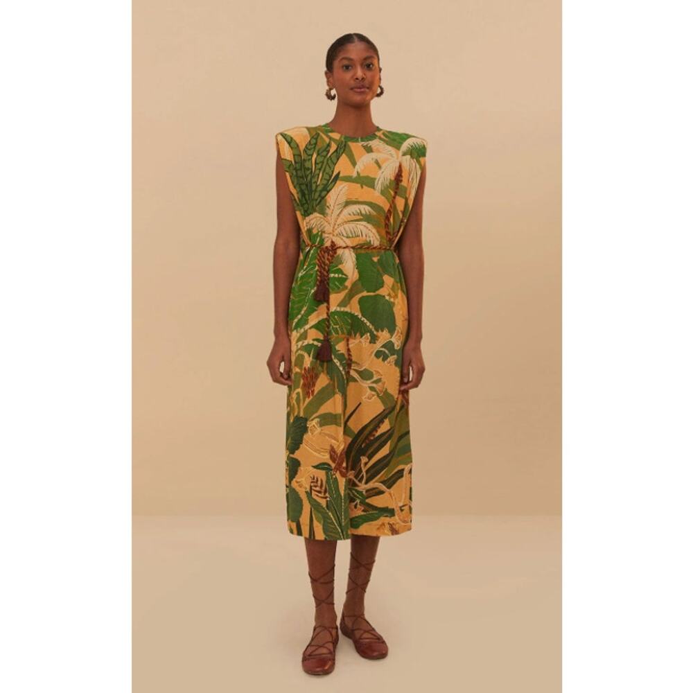 Farm Rio Tropical Isla Padded Shoulders Midi Dress size S small